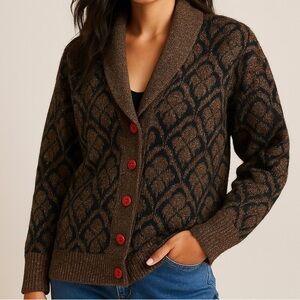 Vintage Metallic Eyelash Knit Cardigan WK Lung Kong Co Red Button Shawl Collar